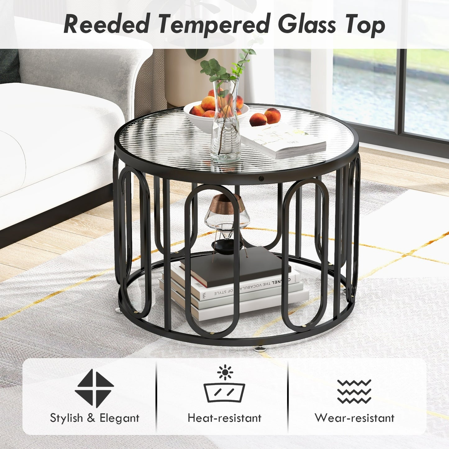 Contemporary Round Coffee Table with Textured Tempered Glass and Adjustable Swivel Oval Brackets - Black