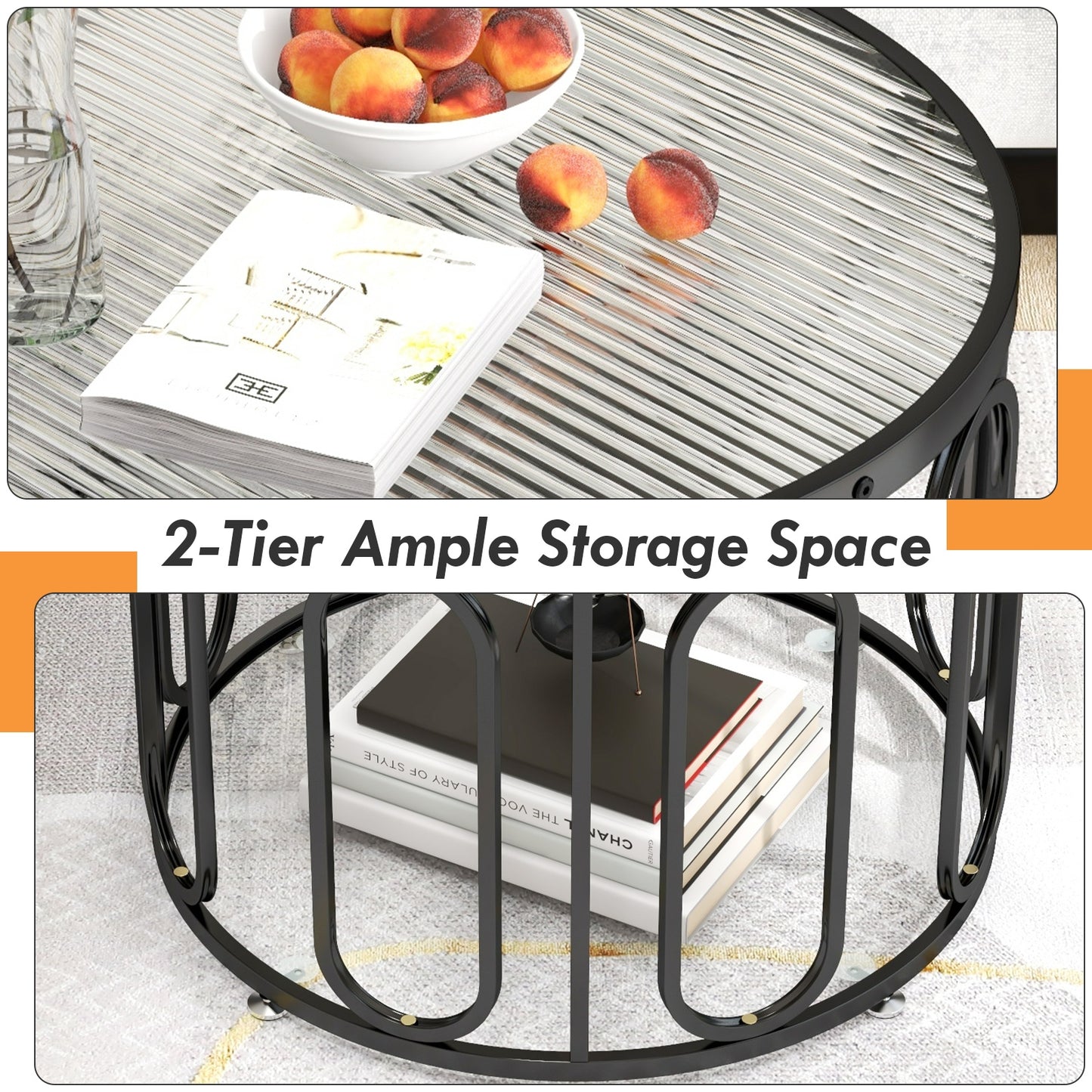 Contemporary Round Coffee Table with Textured Tempered Glass and Adjustable Swivel Oval Brackets - Black