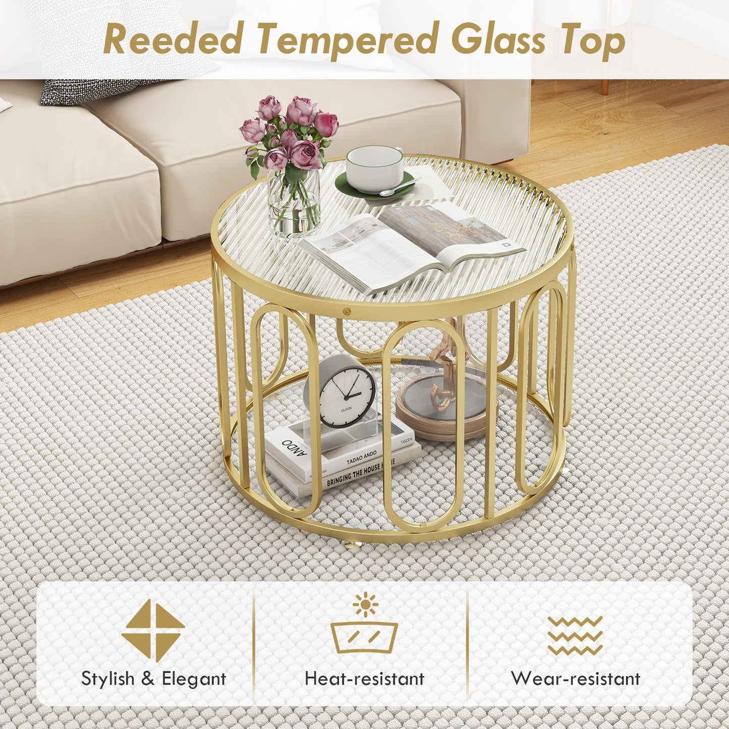 Contemporary Round Coffee Table with Textured Tempered Glass and Adjustable Swivel Oval Brackets - Golden