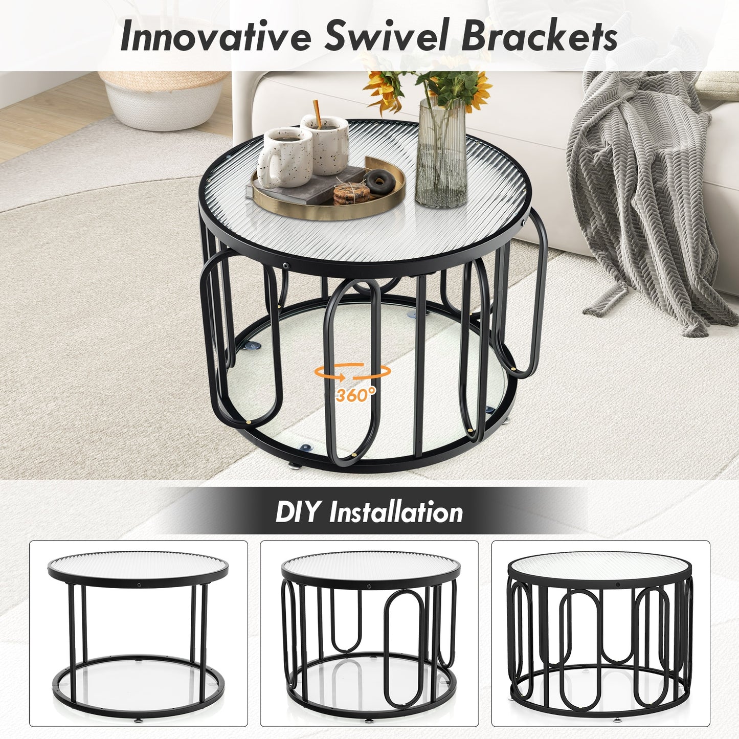 Contemporary Round Coffee Table with Textured Tempered Glass and Adjustable Swivel Oval Brackets - Black