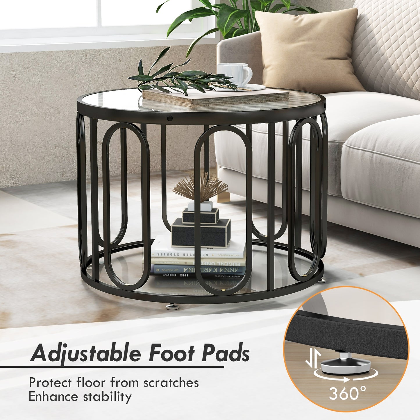 Contemporary Round Coffee Table with Textured Tempered Glass and Adjustable Swivel Oval Brackets - Black