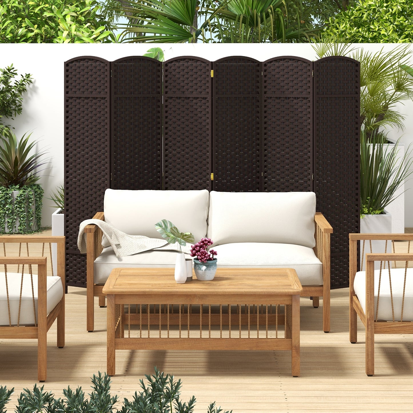 6-Panel 5.6ft Folding Room Divider with Hand-Woven Texture for Privacy and Style - Brown