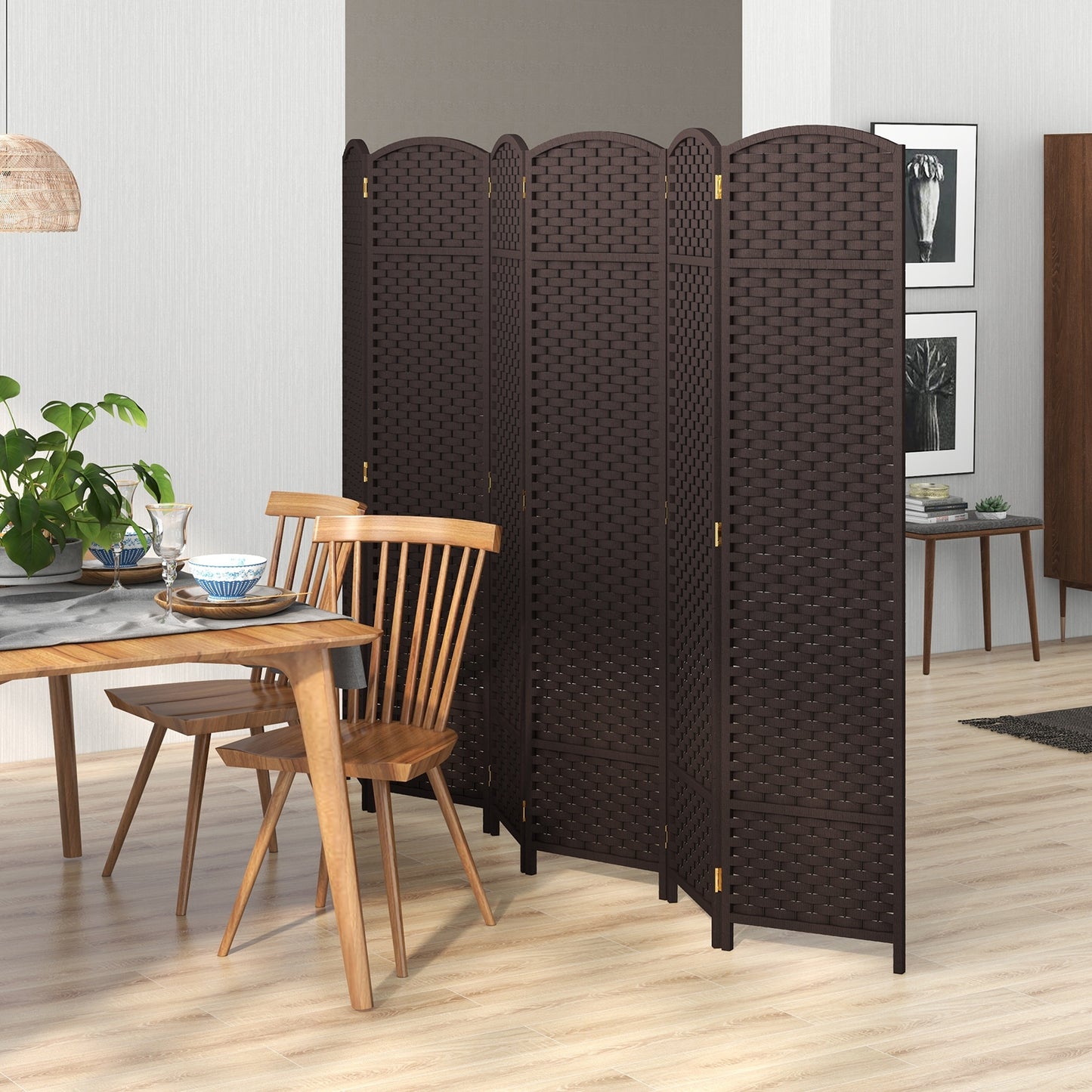 6-Panel 5.6ft Folding Room Divider with Hand-Woven Texture for Privacy and Style - Brown