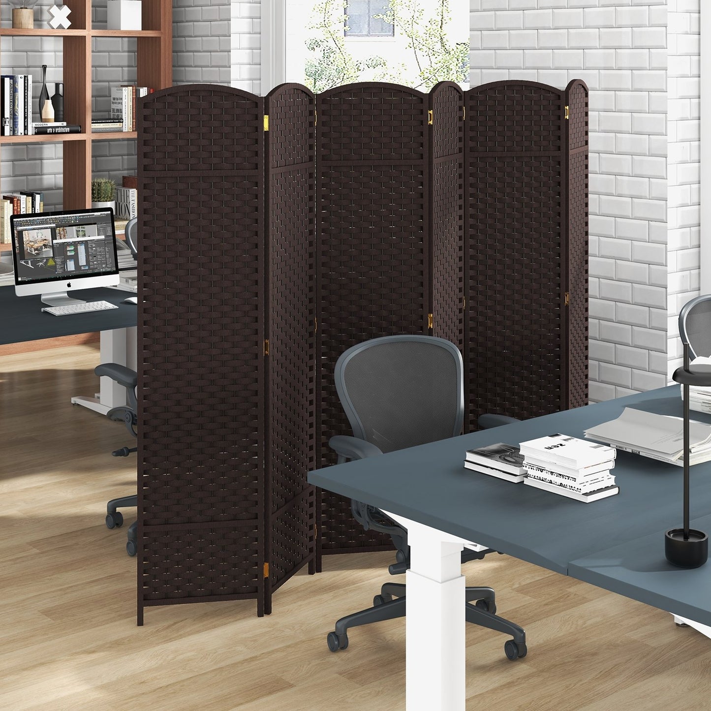 6-Panel 5.6ft Folding Room Divider with Hand-Woven Texture for Privacy and Style - Brown