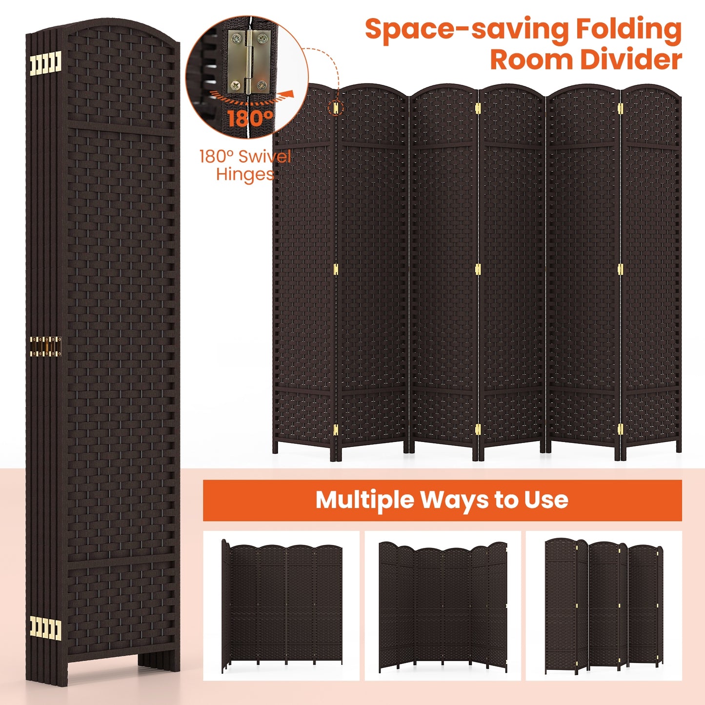 6-Panel 5.6ft Folding Room Divider with Hand-Woven Texture for Privacy and Style - Brown