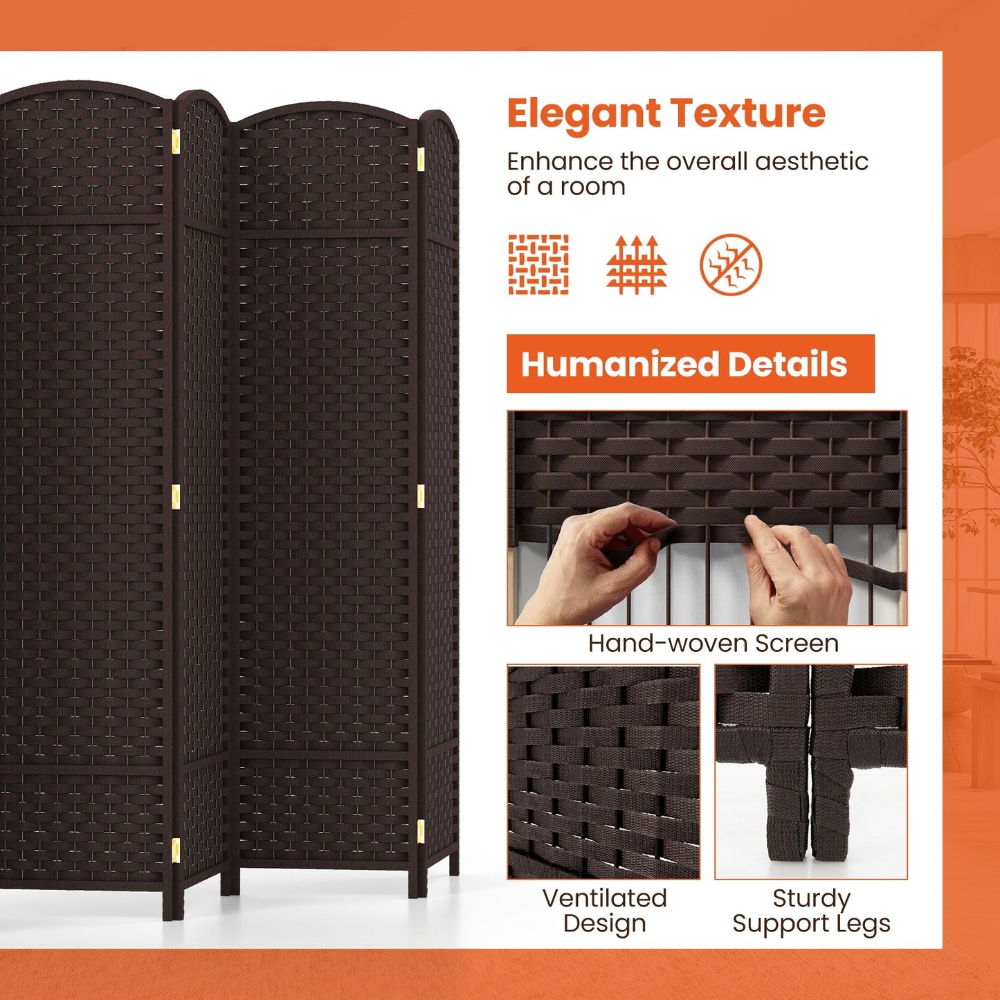 6-Panel 5.6ft Folding Room Divider with Hand-Woven Texture for Privacy and Style - Brown