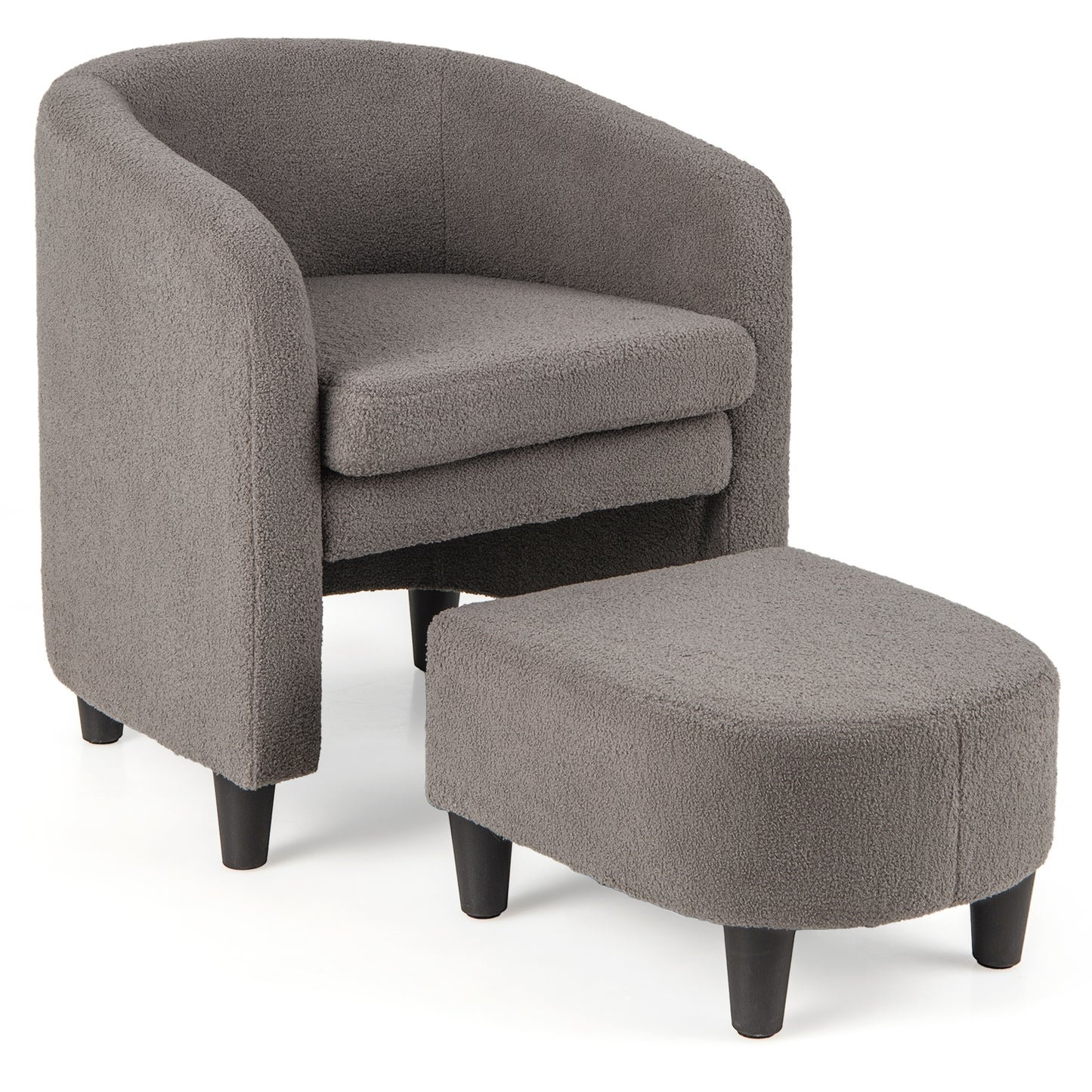 Barrel Style Accent Chair with Matching Ottoman in Soft Teddy Velvet - Grey