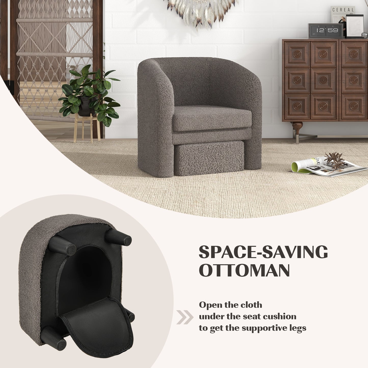 Barrel Style Accent Chair with Matching Ottoman in Soft Teddy Velvet - Grey