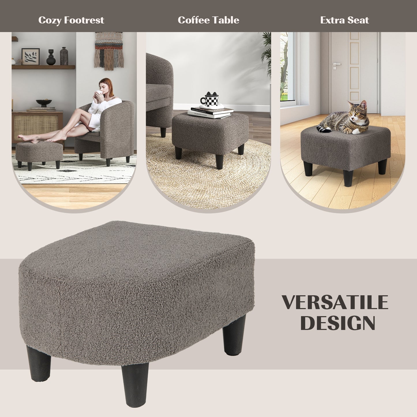 Barrel Style Accent Chair with Matching Ottoman in Soft Teddy Velvet - Grey