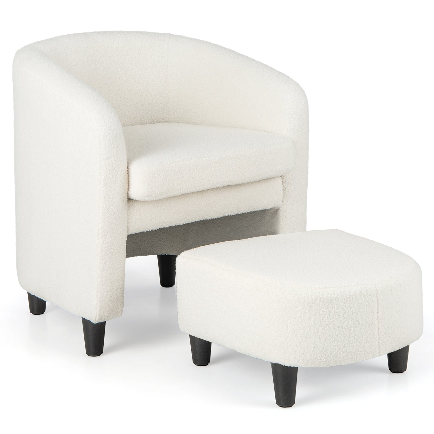 Barrel Style Accent Chair with Matching Ottoman in Soft Teddy Velvet - Beige