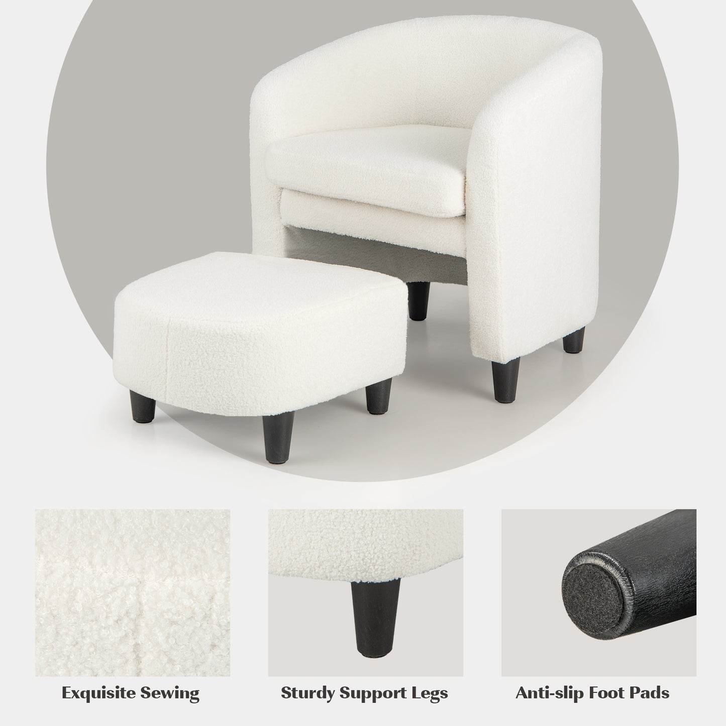 Barrel Style Accent Chair with Matching Ottoman in Soft Teddy Velvet - Beige