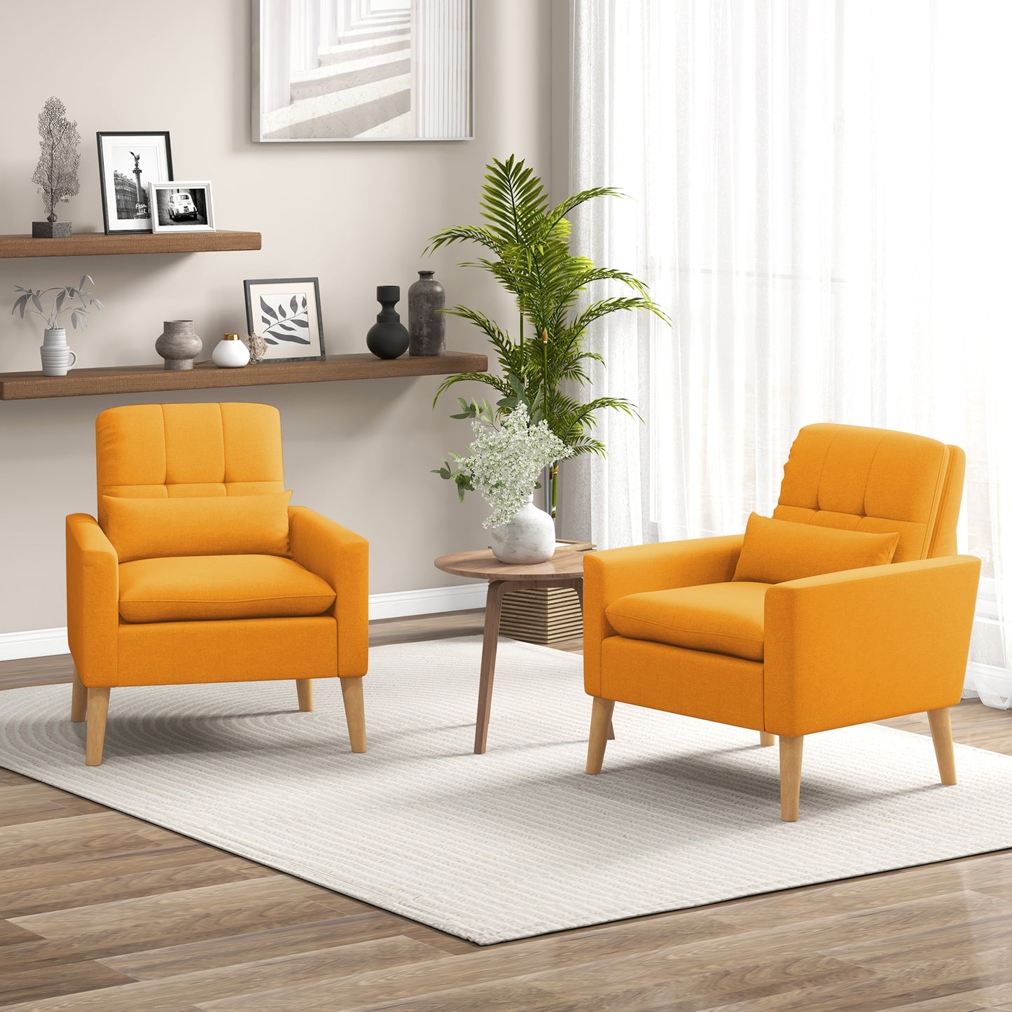 Ergonomic Accent Chair with Lumbar Pillow, Rubber Wood Legs, and Padded Cushions – Yellow