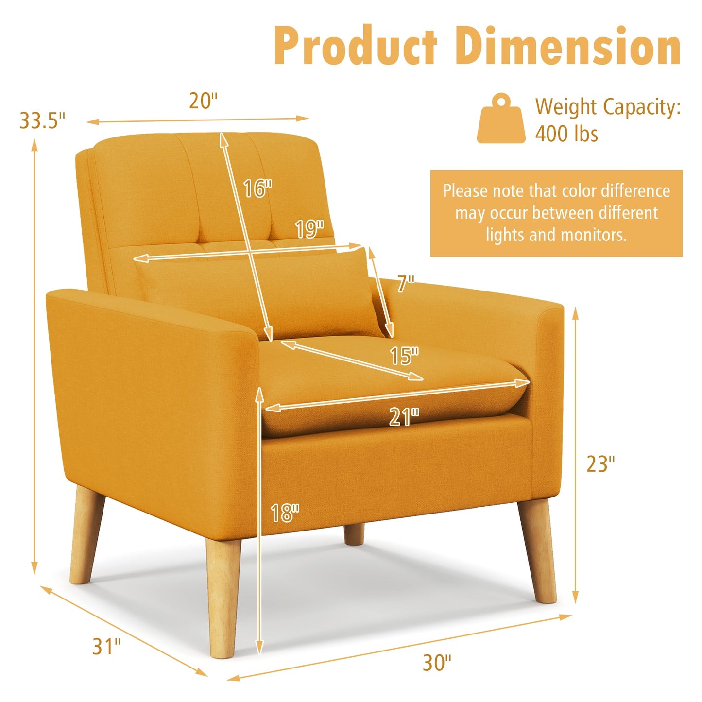 Ergonomic Accent Chair with Lumbar Pillow, Rubber Wood Legs, and Padded Cushions – Yellow