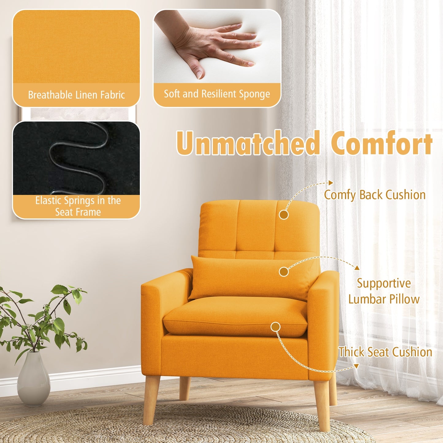 Ergonomic Accent Chair with Lumbar Pillow, Rubber Wood Legs, and Padded Cushions – Yellow