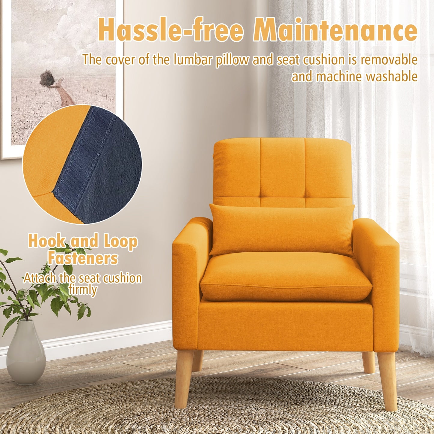 Ergonomic Accent Chair with Lumbar Pillow, Rubber Wood Legs, and Padded Cushions – Yellow