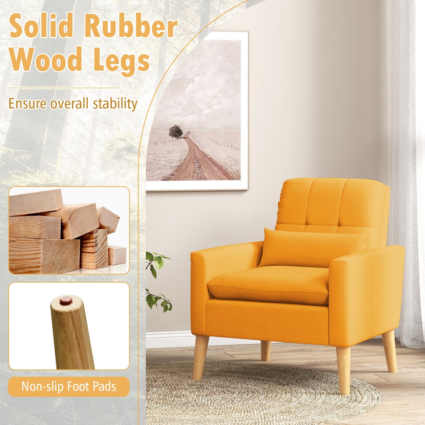 Ergonomic Accent Chair with Lumbar Pillow, Rubber Wood Legs, and Padded Cushions – Yellow