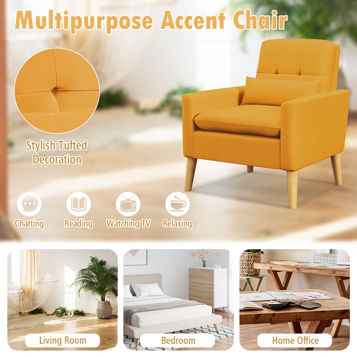 Ergonomic Accent Chair with Lumbar Pillow, Rubber Wood Legs, and Padded Cushions – Yellow