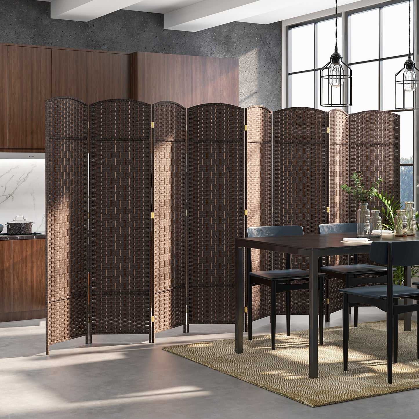8-Panel Hand-Woven Privacy Screen Room Divider with Solid Wood Frame - Brown