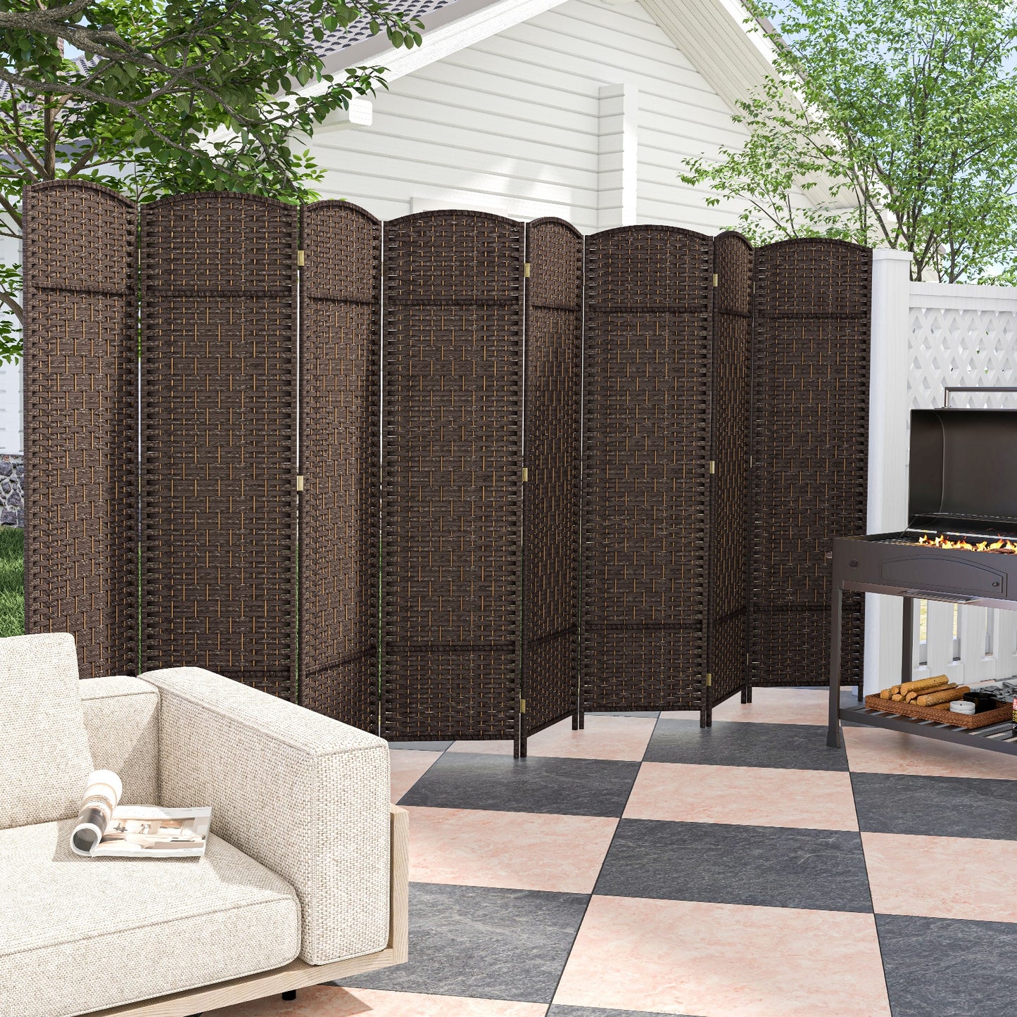 8-Panel Hand-Woven Privacy Screen Room Divider with Solid Wood Frame - Brown