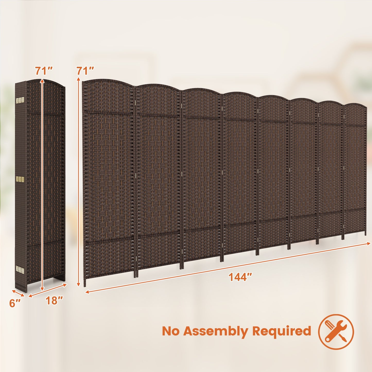 8-Panel Hand-Woven Privacy Screen Room Divider with Solid Wood Frame - Brown