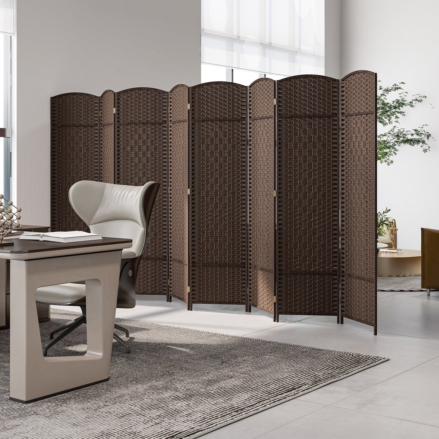 8-Panel Hand-Woven Privacy Screen Room Divider with Solid Wood Frame - Brown