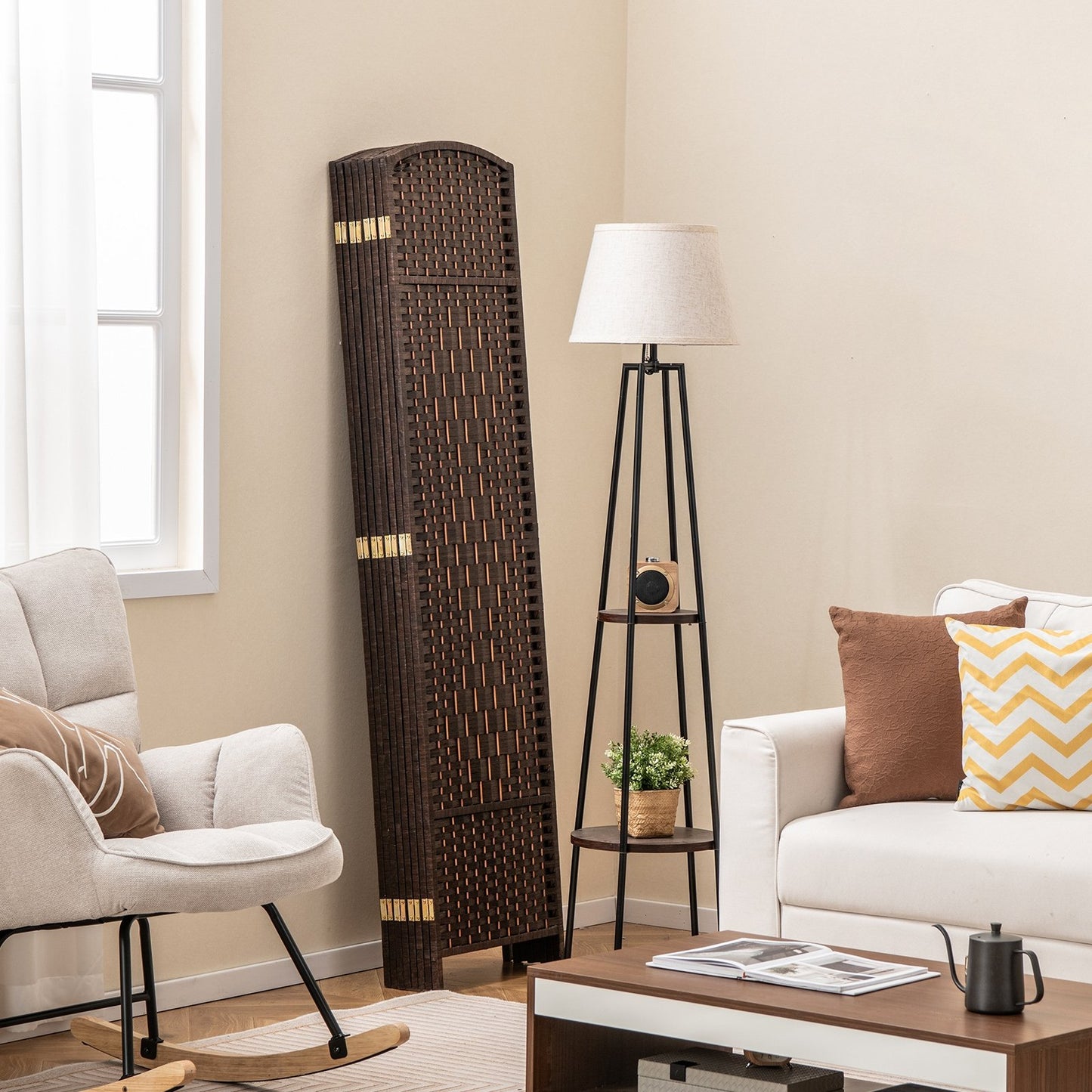 8-Panel Hand-Woven Privacy Screen Room Divider with Solid Wood Frame - Brown