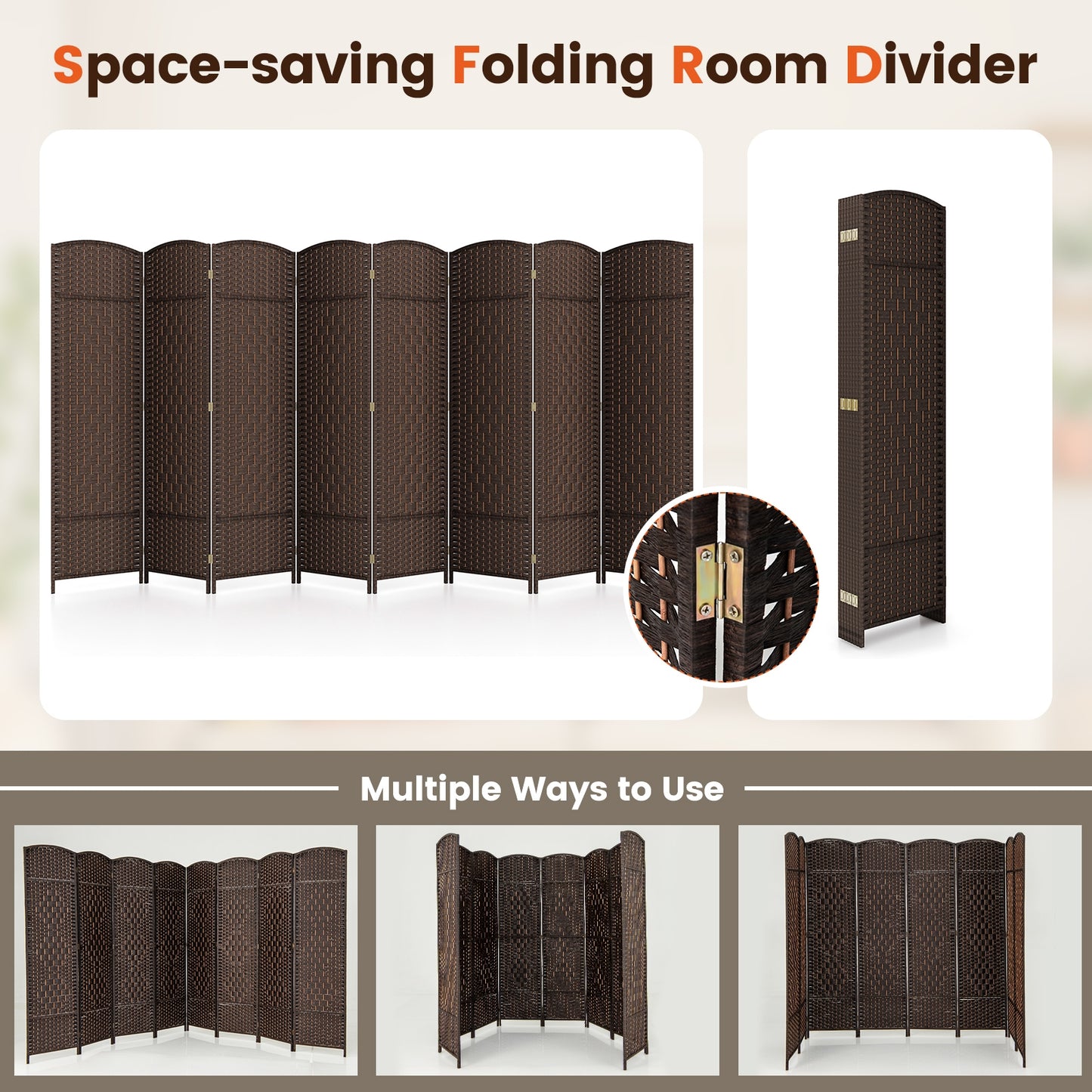 8-Panel Hand-Woven Privacy Screen Room Divider with Solid Wood Frame - Brown