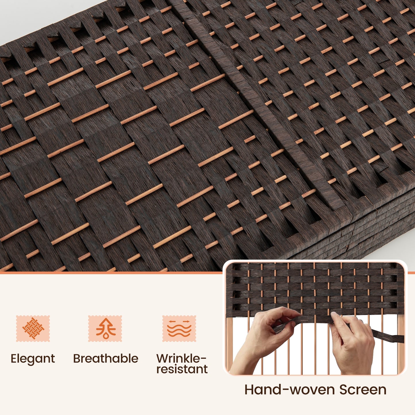 8-Panel Hand-Woven Privacy Screen Room Divider with Solid Wood Frame - Brown