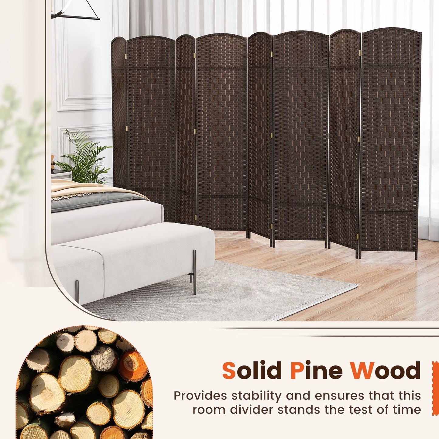 8-Panel Hand-Woven Privacy Screen Room Divider with Solid Wood Frame - Brown