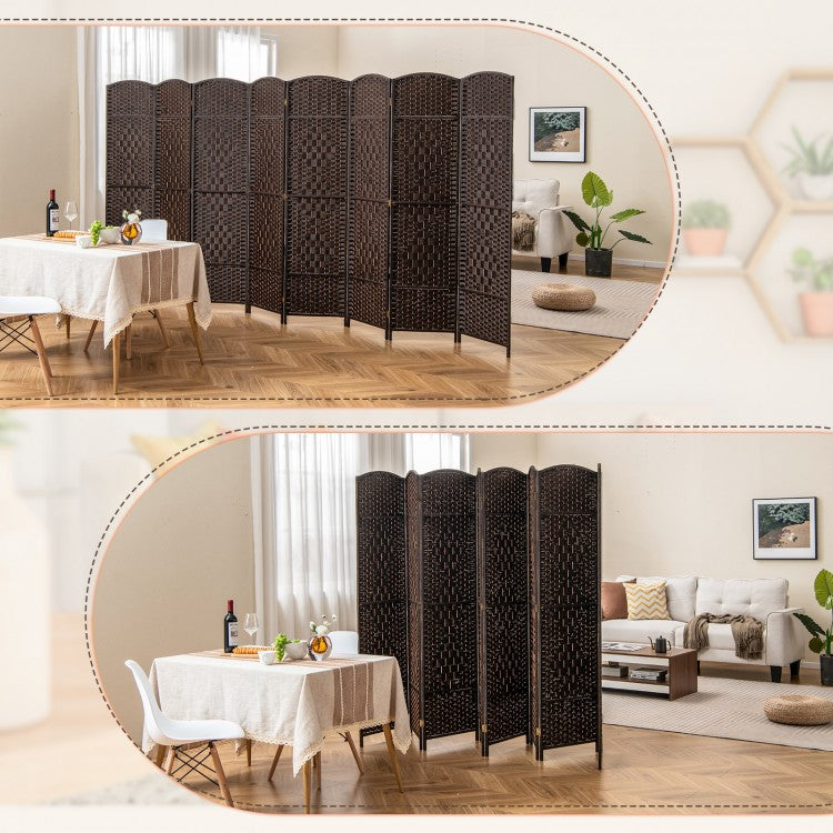 8-Panel Hand-Woven Privacy Screen Room Divider with Solid Wood Frame - Brown
