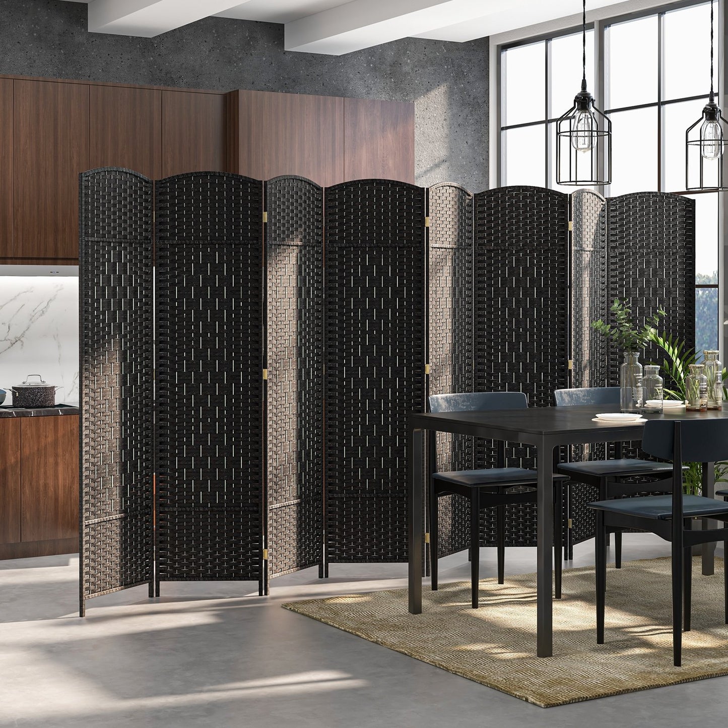 8-Panel Hand-Woven Privacy Screen Room Divider with Solid Wood Frame - Black