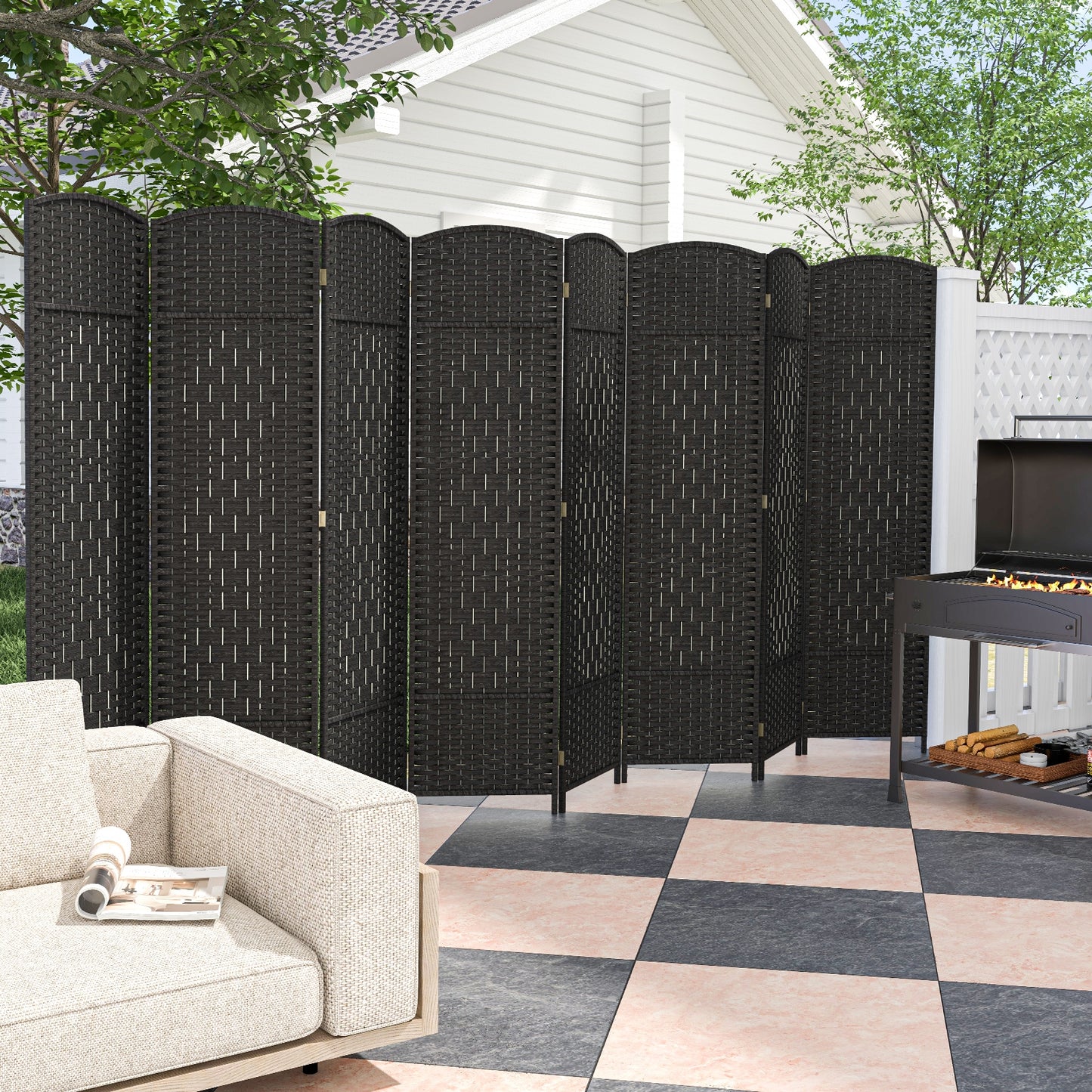 8-Panel Hand-Woven Privacy Screen Room Divider with Solid Wood Frame - Black