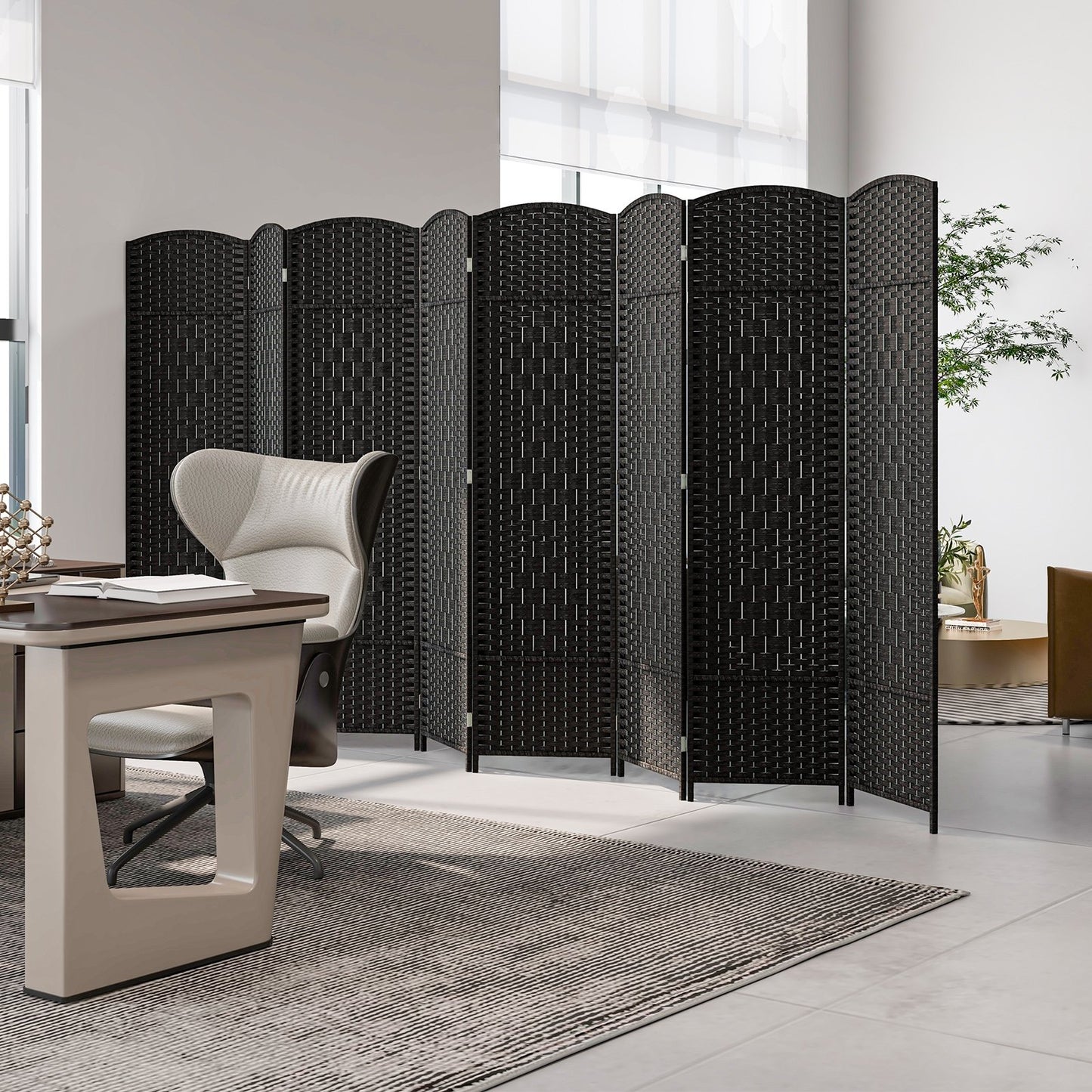 8-Panel Hand-Woven Privacy Screen Room Divider with Solid Wood Frame - Black