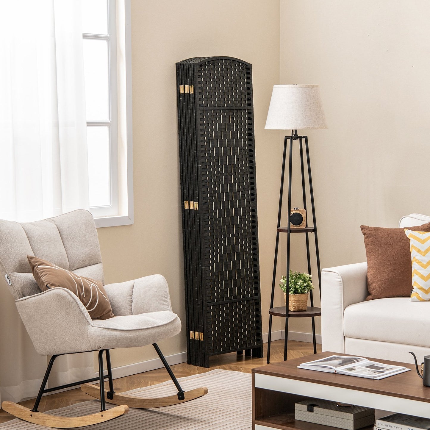 8-Panel Hand-Woven Privacy Screen Room Divider with Solid Wood Frame - Black