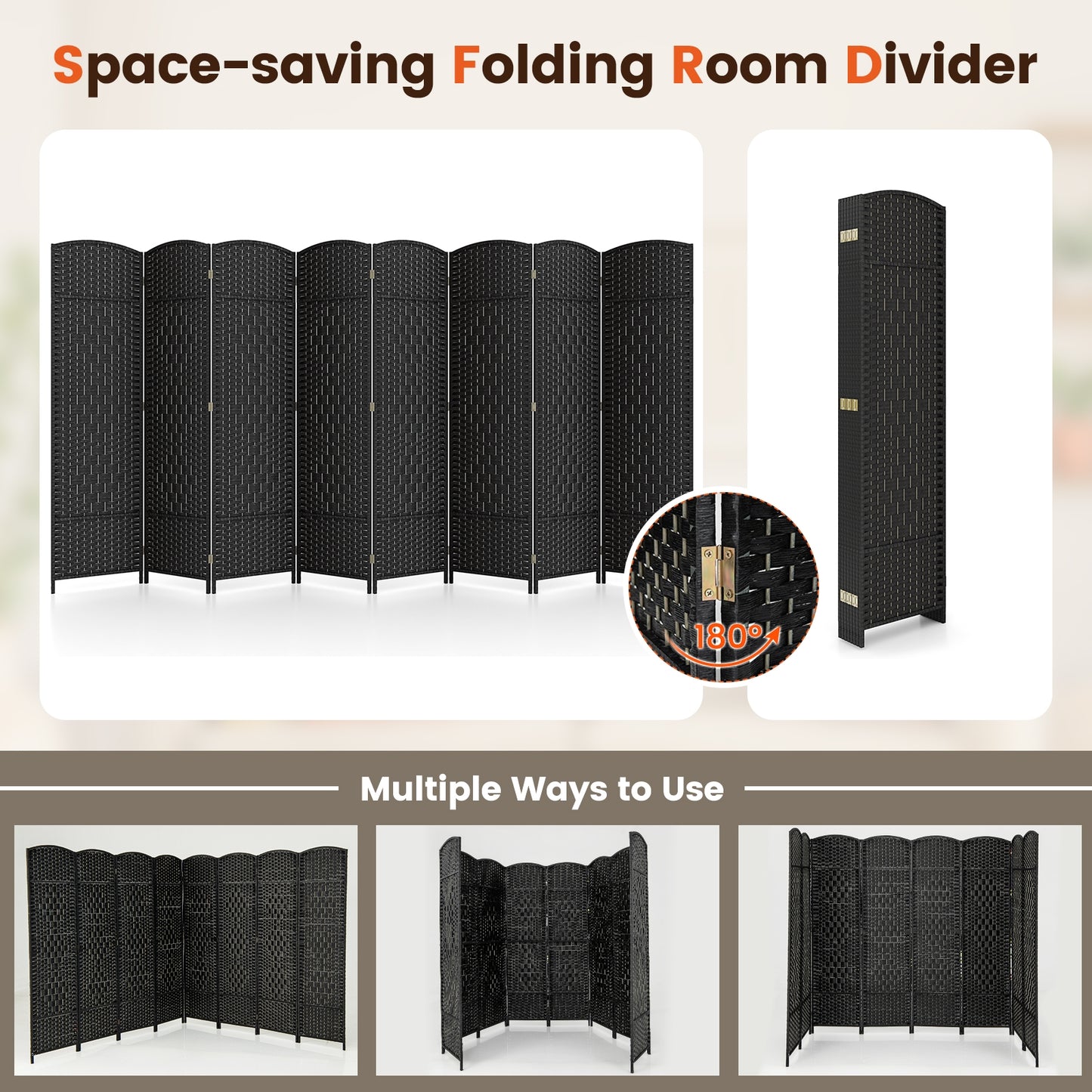 8-Panel Hand-Woven Privacy Screen Room Divider with Solid Wood Frame - Black