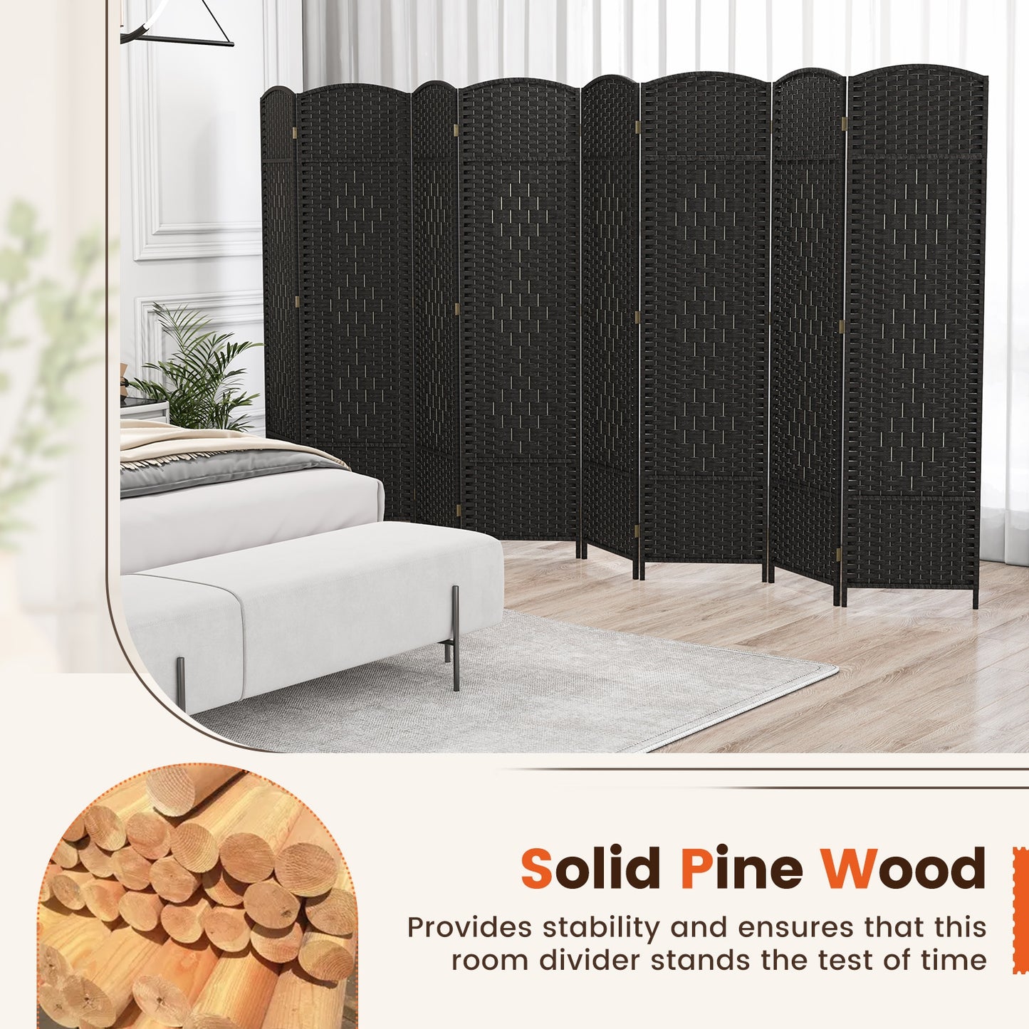 8-Panel Hand-Woven Privacy Screen Room Divider with Solid Wood Frame - Black