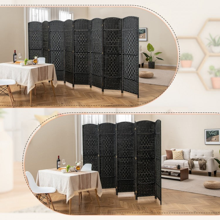 8-Panel Hand-Woven Privacy Screen Room Divider with Solid Wood Frame - Black