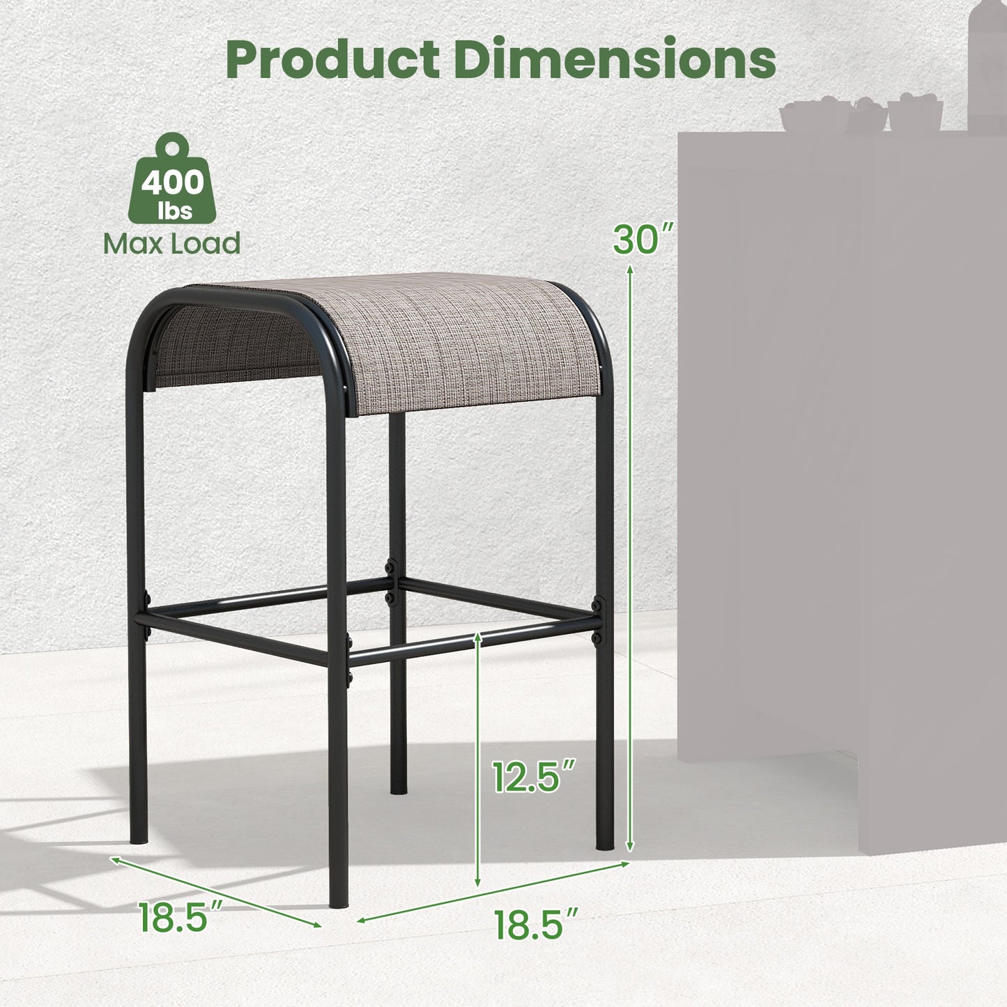 Durable Outdoor Metal Bar Stools with Comfortable Fabric Seat, Set of 2