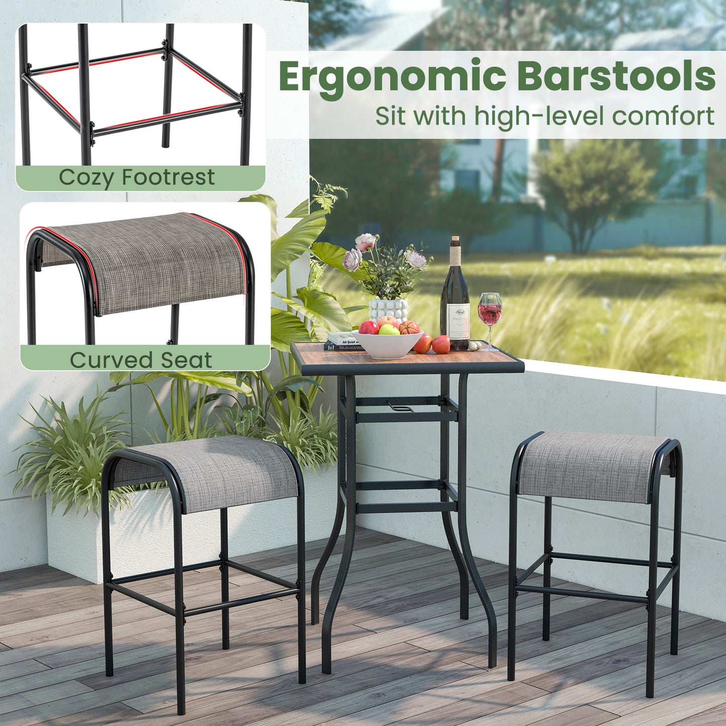 Durable Outdoor Metal Bar Stools with Comfortable Fabric Seat, Set of 2