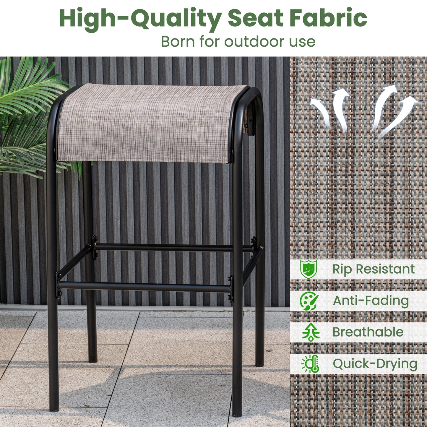 Durable Outdoor Metal Bar Stools with Comfortable Fabric Seat, Set of 2