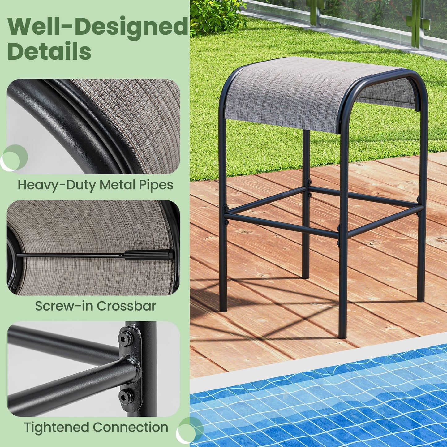 Durable Outdoor Metal Bar Stools with Comfortable Fabric Seat, Set of 2
