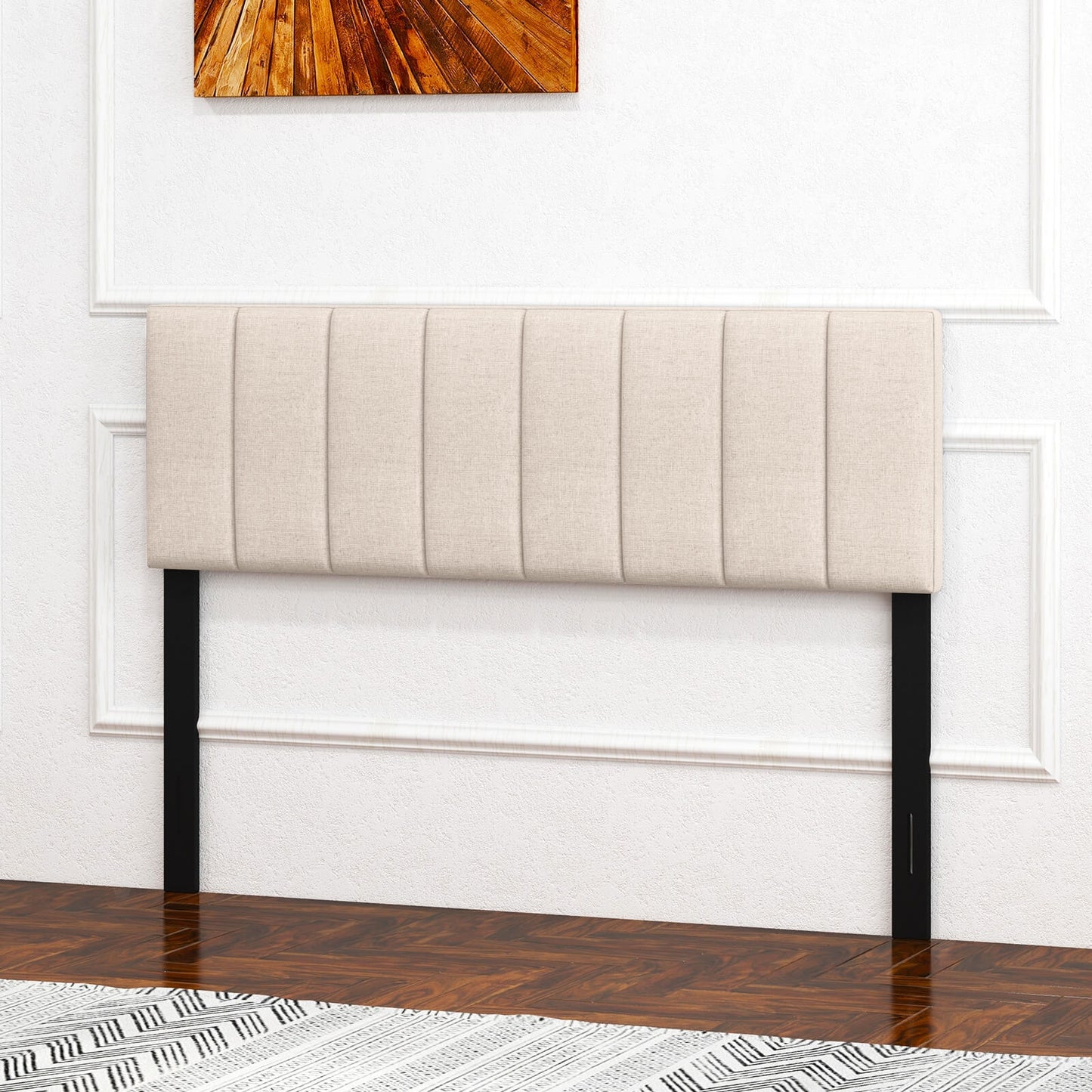 Adjustable Width Linen Upholstered Headboard with Solid Wood Legs - Beige