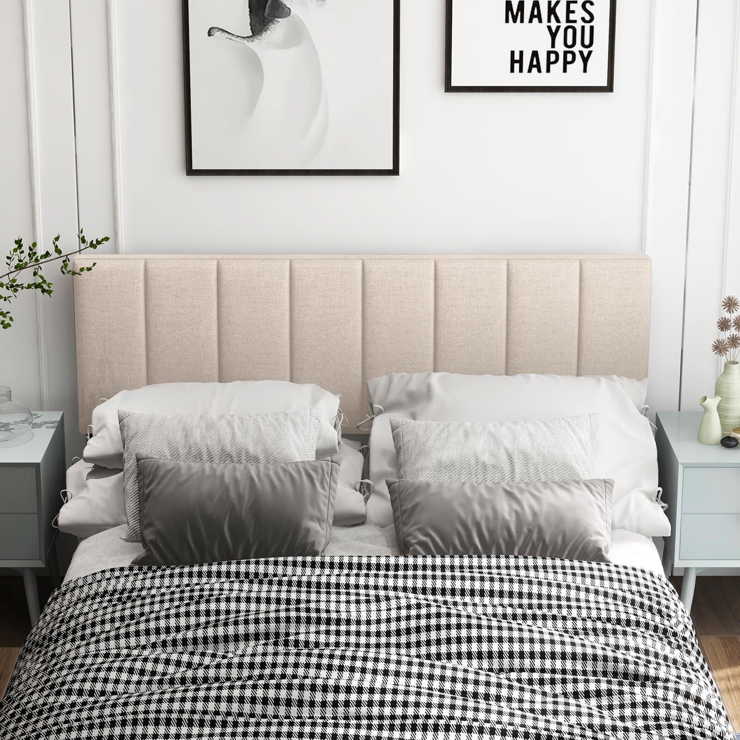 Adjustable Width Linen Upholstered Headboard with Solid Wood Legs - Beige