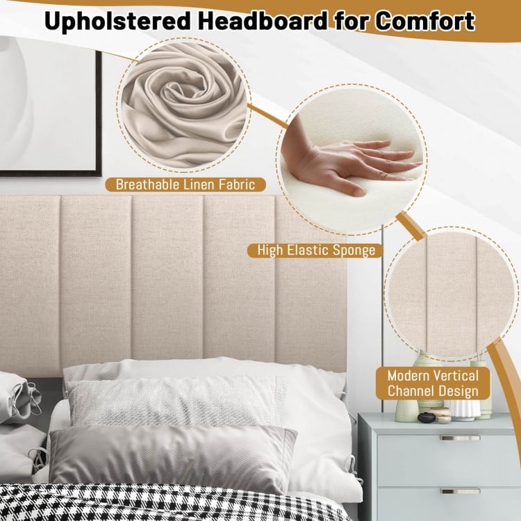 Adjustable Width Linen Upholstered Headboard with Solid Wood Legs - Beige