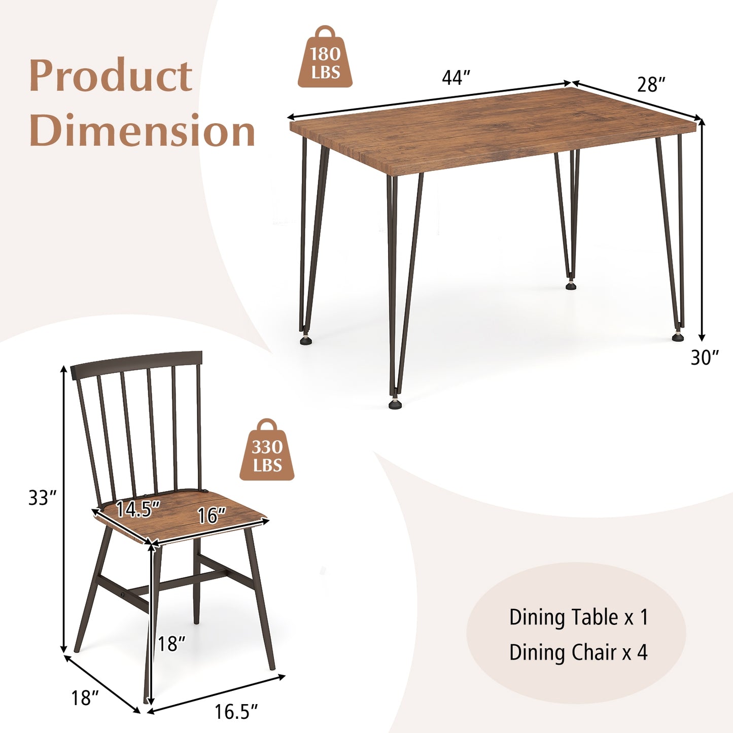 5-Piece Dining Set with Table and 4 Chairs in Walnut with Swivel Feet