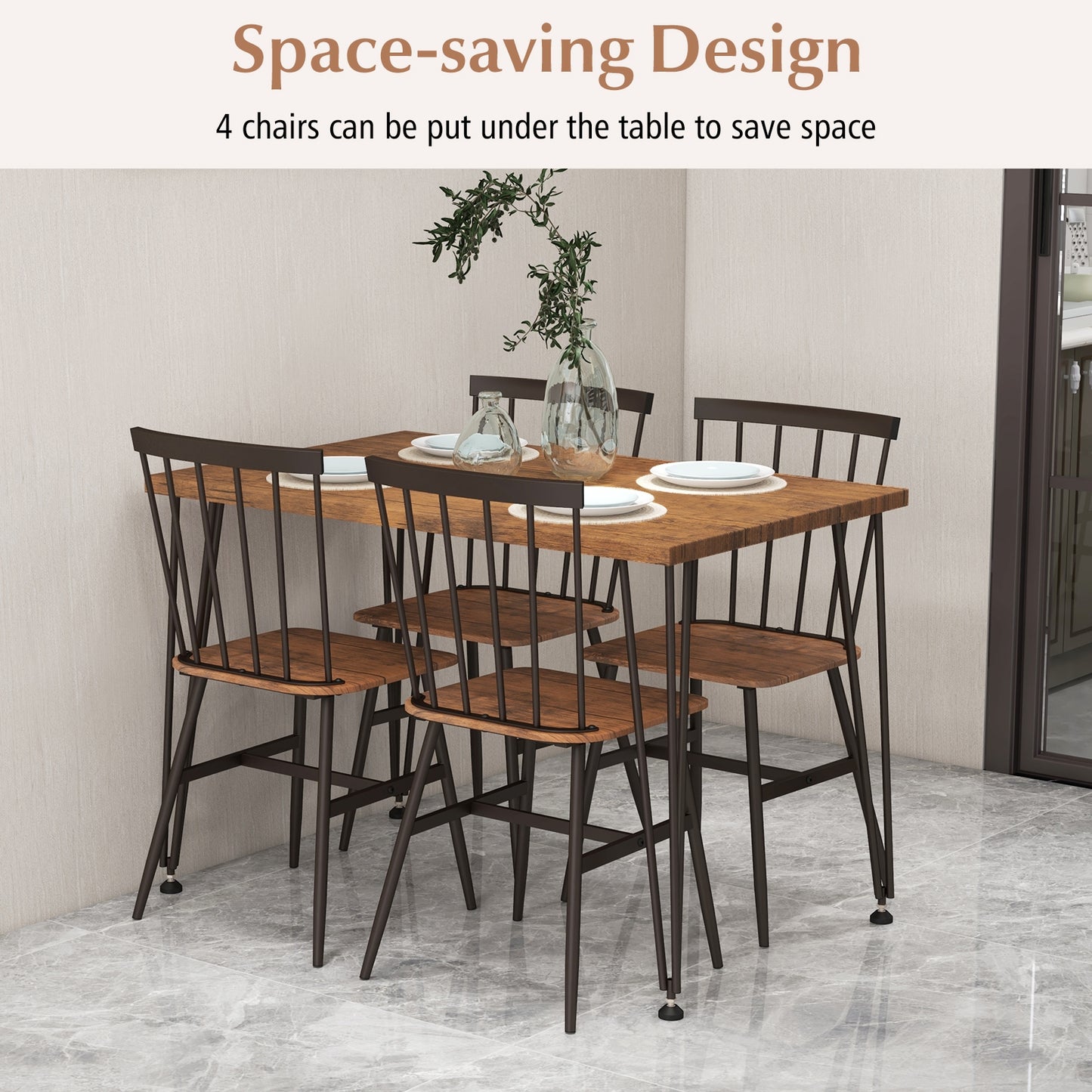 5-Piece Dining Set with Table and 4 Chairs in Walnut with Swivel Feet