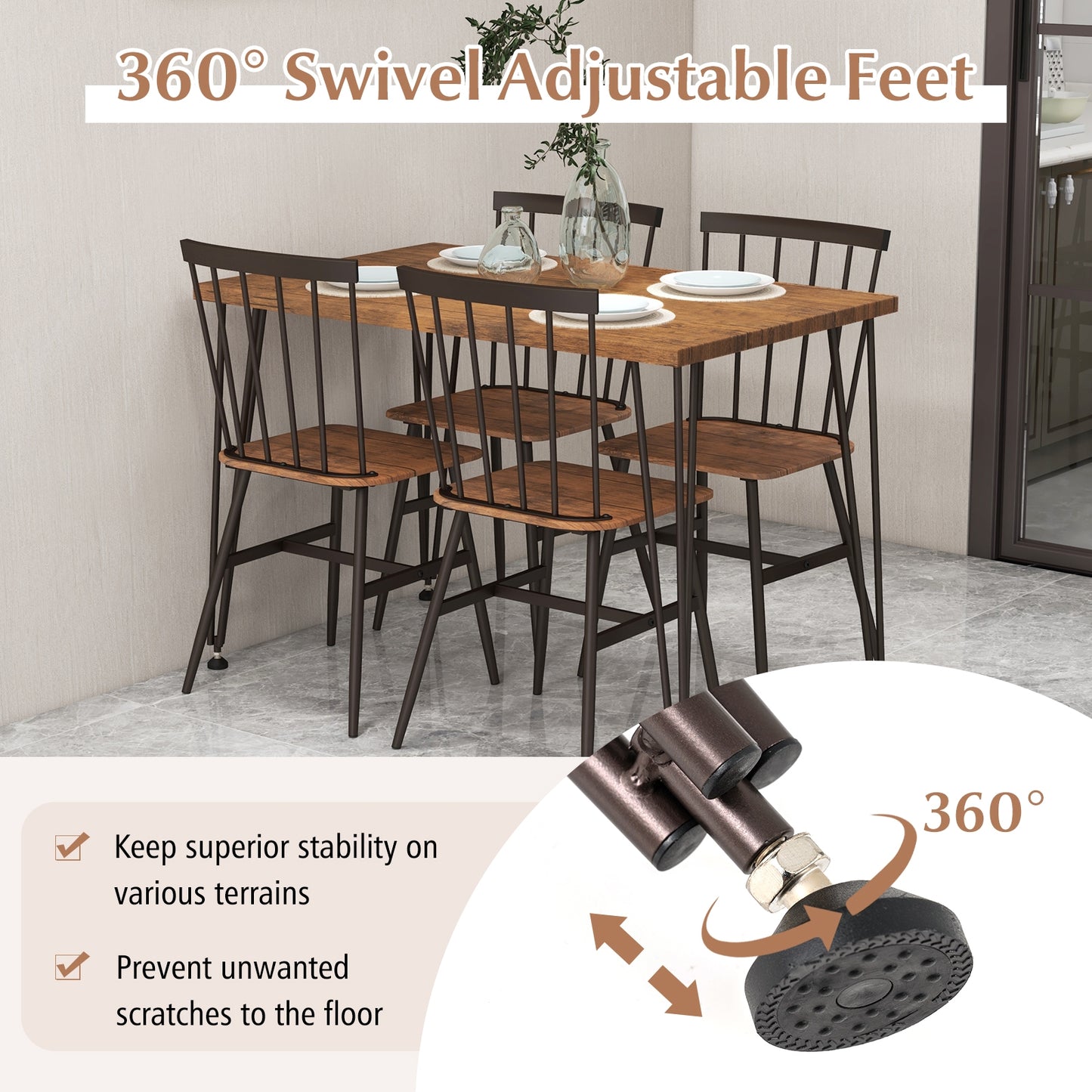 5-Piece Dining Set with Table and 4 Chairs in Walnut with Swivel Feet