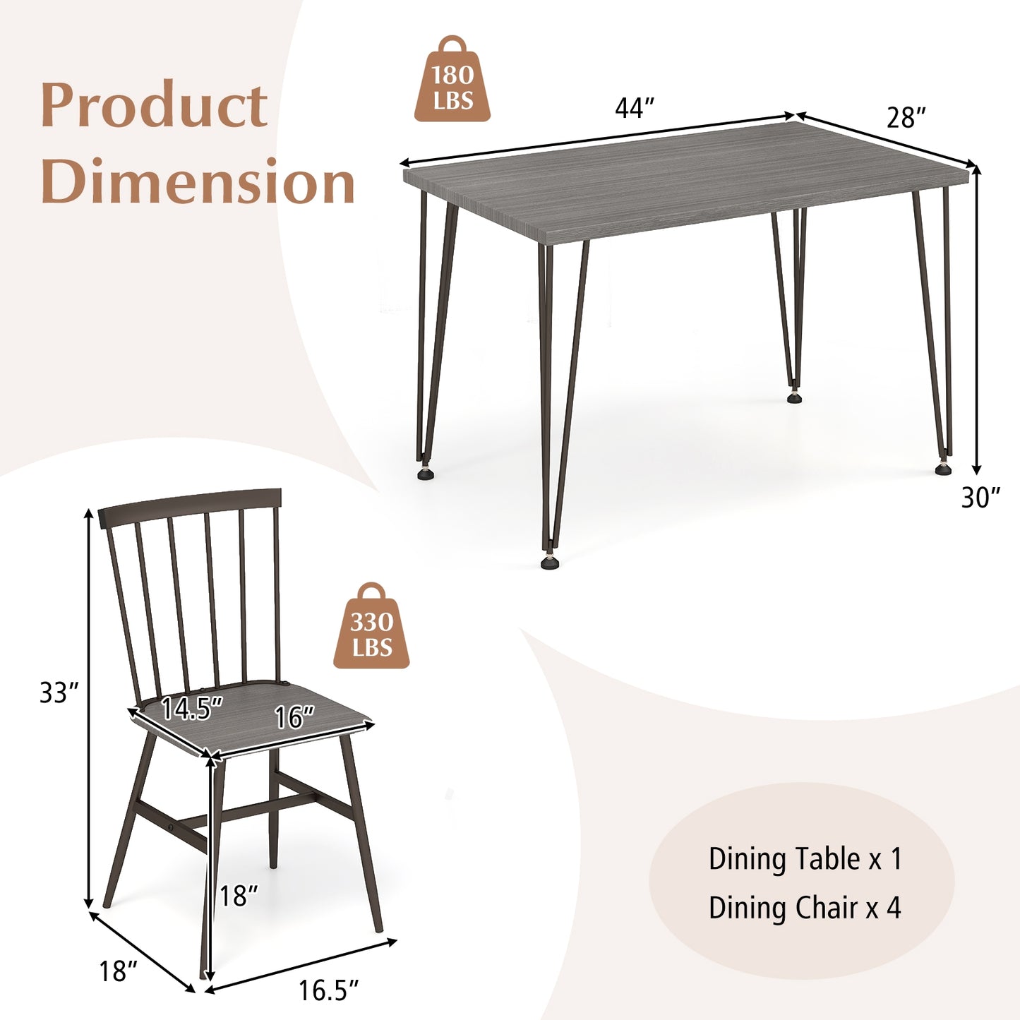 5-Piece Dining Set with Table and 4 Chairs in Grey Oak with Swivel Feet