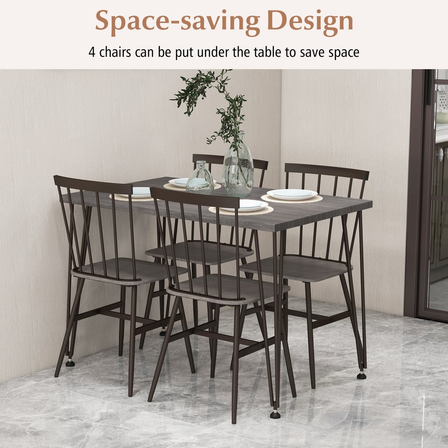 5-Piece Dining Set with Table and 4 Chairs in Grey Oak with Swivel Feet