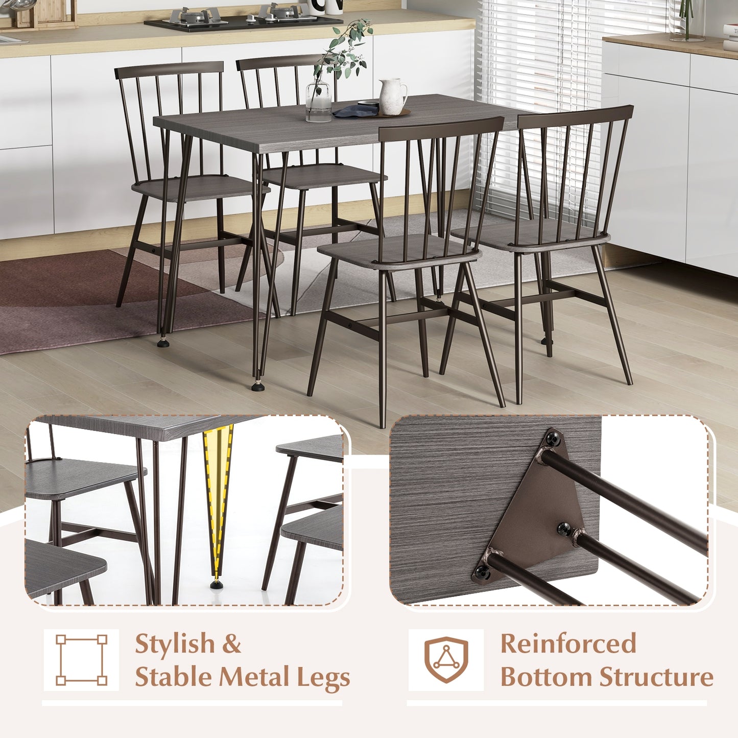 5-Piece Dining Set with Table and 4 Chairs in Grey Oak with Swivel Feet